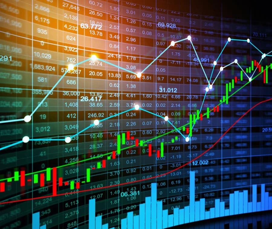 Gráficos e cotações do mercado financeiro em painel digital