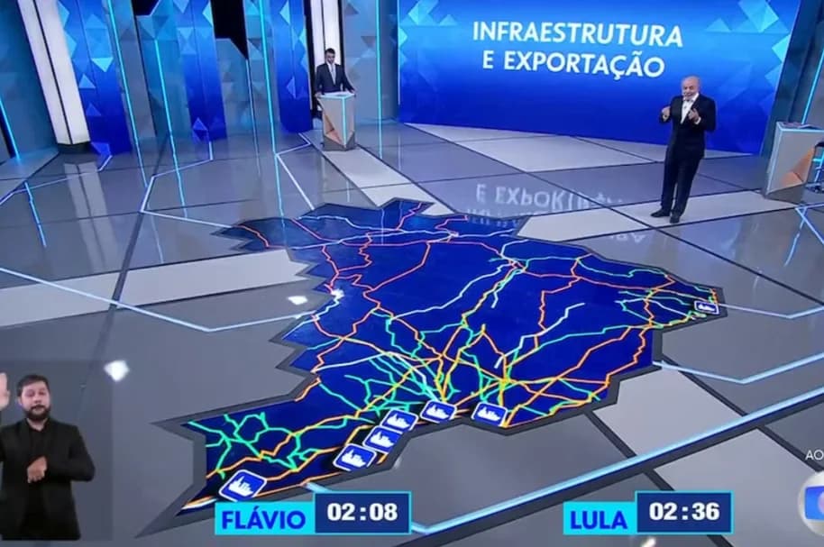Estúdio do debate da Globo com mapa do Brasil durante bloco sobre infraestrutura e exportação
