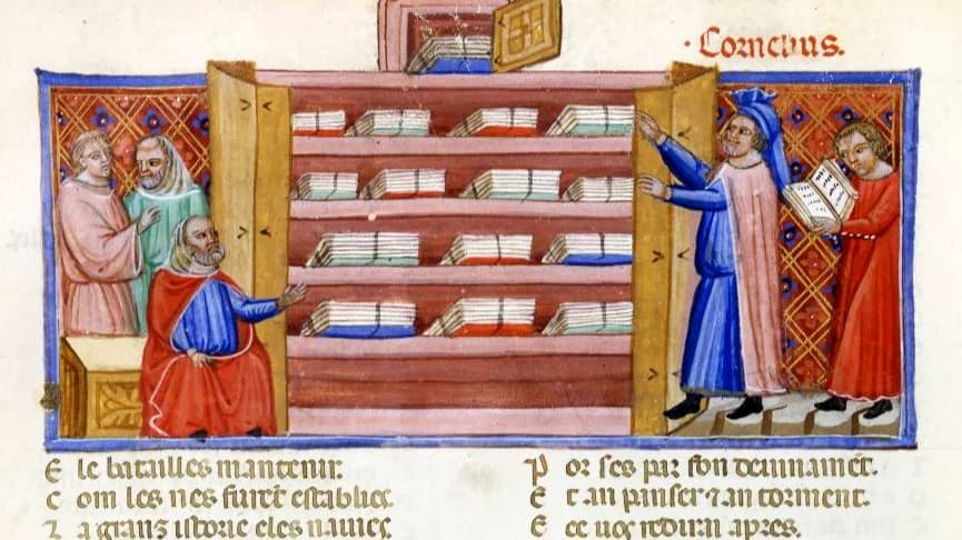 Cornélio Nepos descobre a História de Tróia de Dares, o frígio, em um armário. Iluminura de uma cópia (c.1340-1350) do poema Roman de Troie (c.1155-1160), de Benoît de Sainte-Maure (†1173). BnF, Manuscrits, français 782, folio 2v. O “armário” é o que hoje chamamos de Biblioteca.