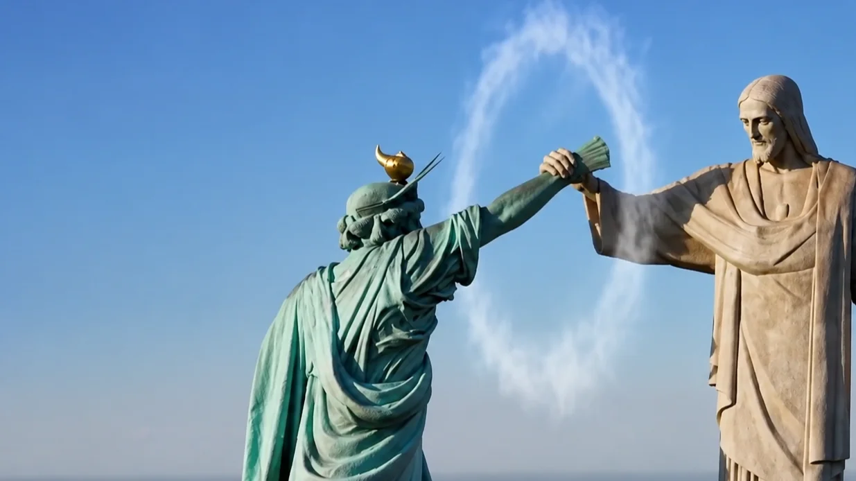 vídeo do Cristo redentor derrotando a estátua da liberdade