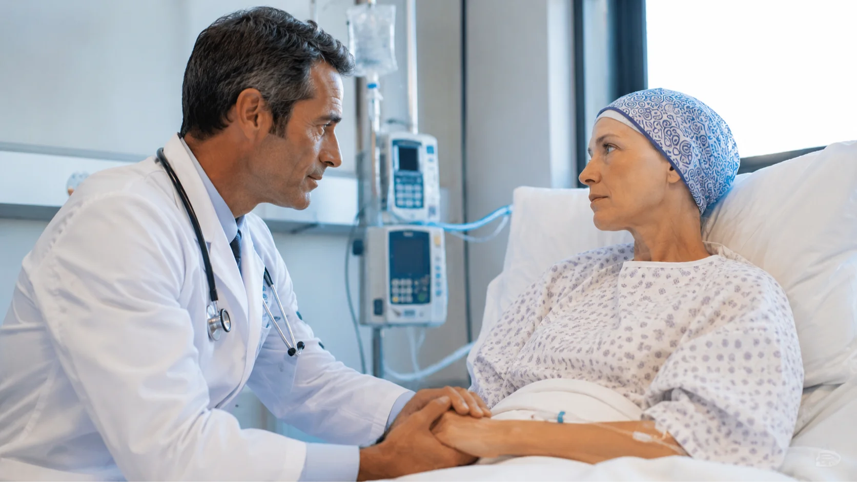 Médico cuidando de uma mulher com câncer